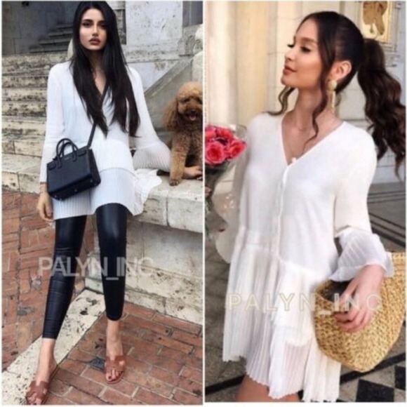 ZARA White PLEATED DRESS BLOUSE TUNIC Flowing V-neck blouse long sleeves - Picture 2 of 15